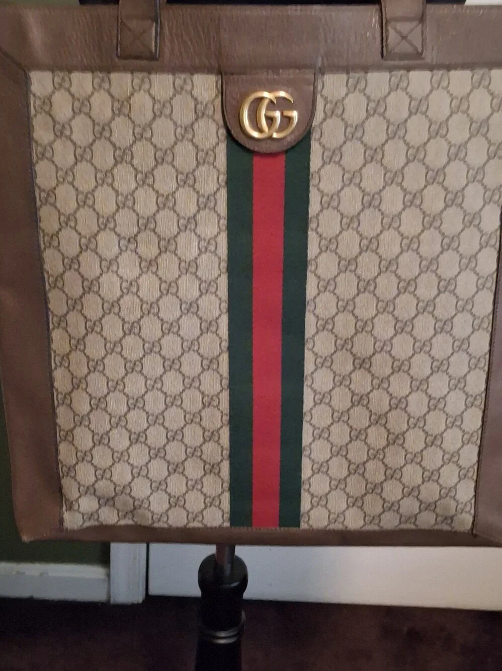 Gucci Beige Brown GG Canvas Tote with Red and Green Web Stripe and Gold Double G